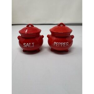 Vintage Lego Japan Ceramic Big Red Witch Stew Pot Salt & Pepper Shakers Cauldron